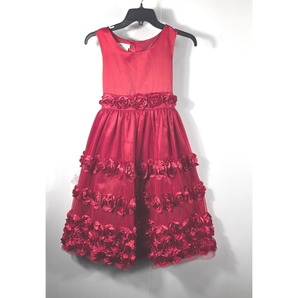 Bonnie Jean Girls Red Rosette Tiered Tulle Formal Party Dress Size 12 X44164-DV